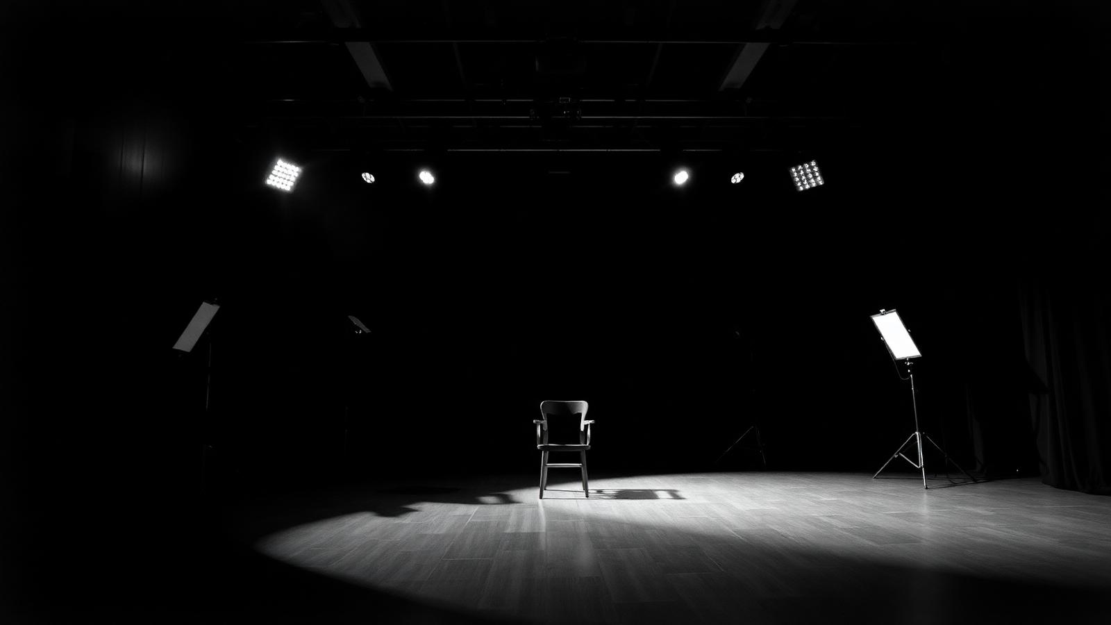 Empty sound stage lit by a single practical light